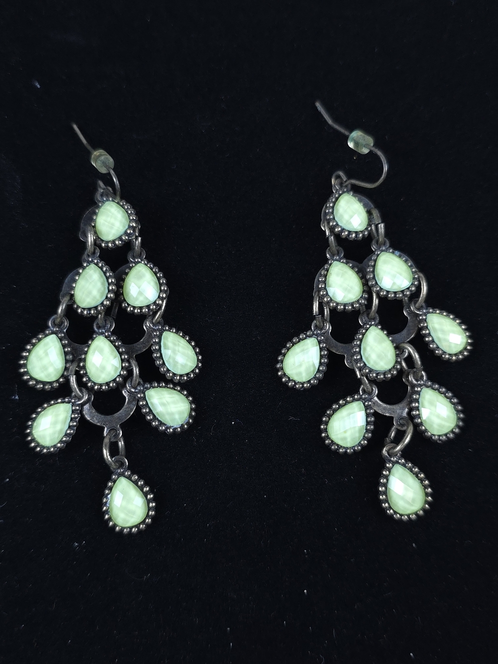 Mint Green Chandelier Dangle Earrings Silver Tone Faceted Teardrop